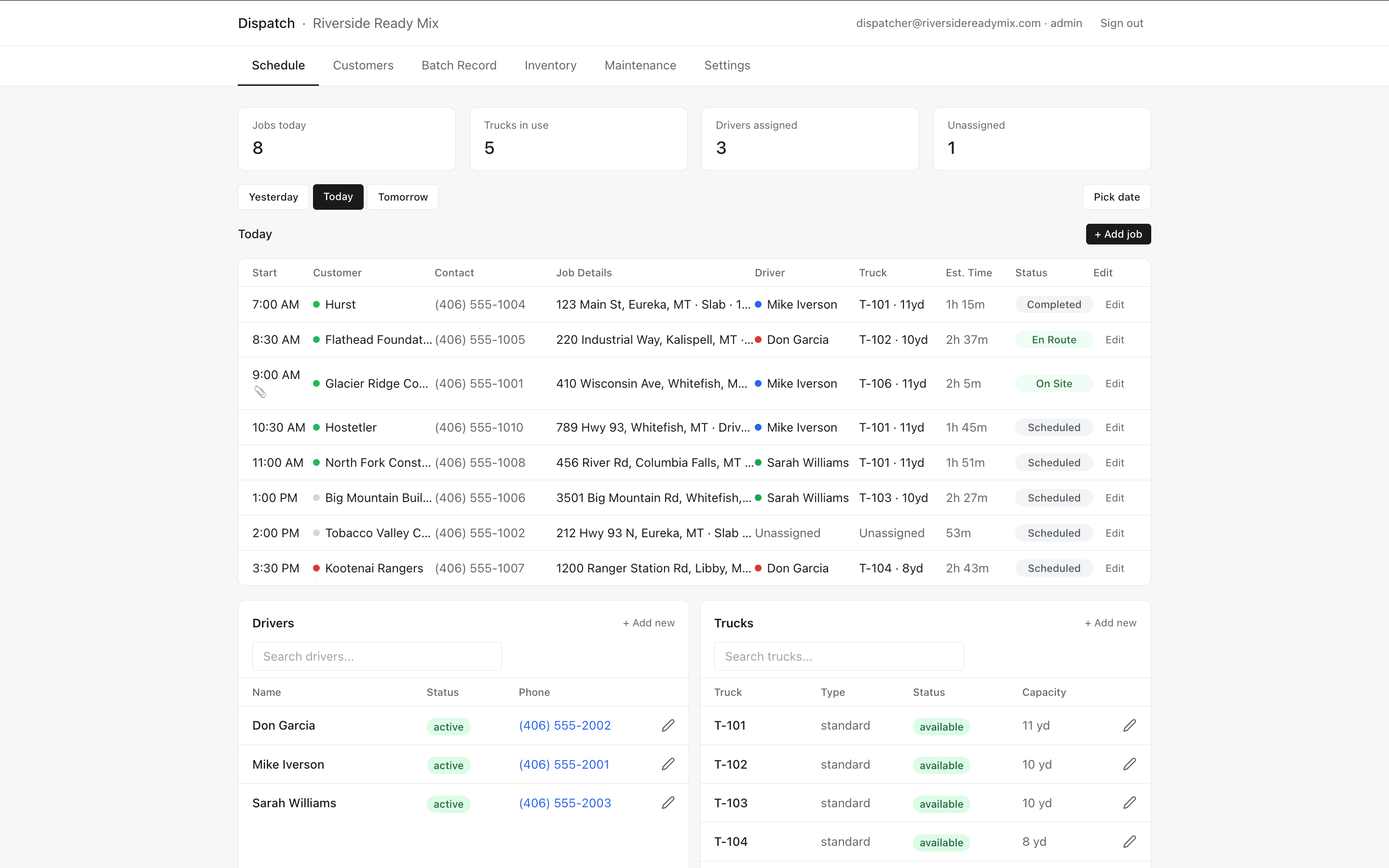 Schedule view showing 8 jobs dispatched to drivers
